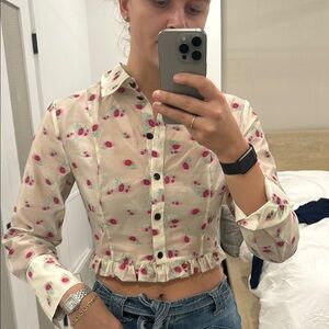 Floral Button-Up Ruffle Hem Top - Cream